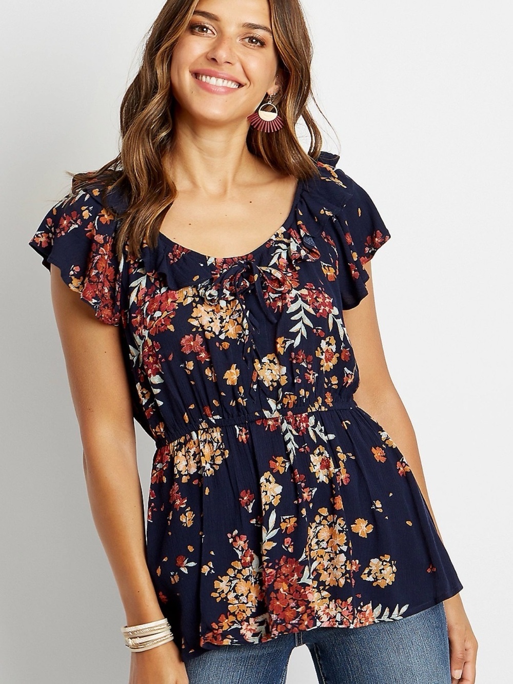 Maurices Navy Floral Smocked Peplum Top with Tie Neck NWT